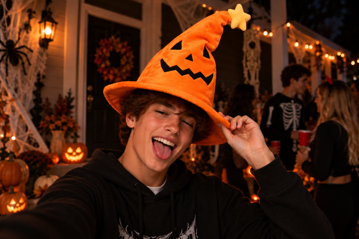 A Halloween hat that refuses to sit still.